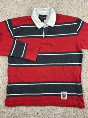 Aeropostale Long Sleeve Red Gray Striped Polo Shirt Size Large Cotton Men’s